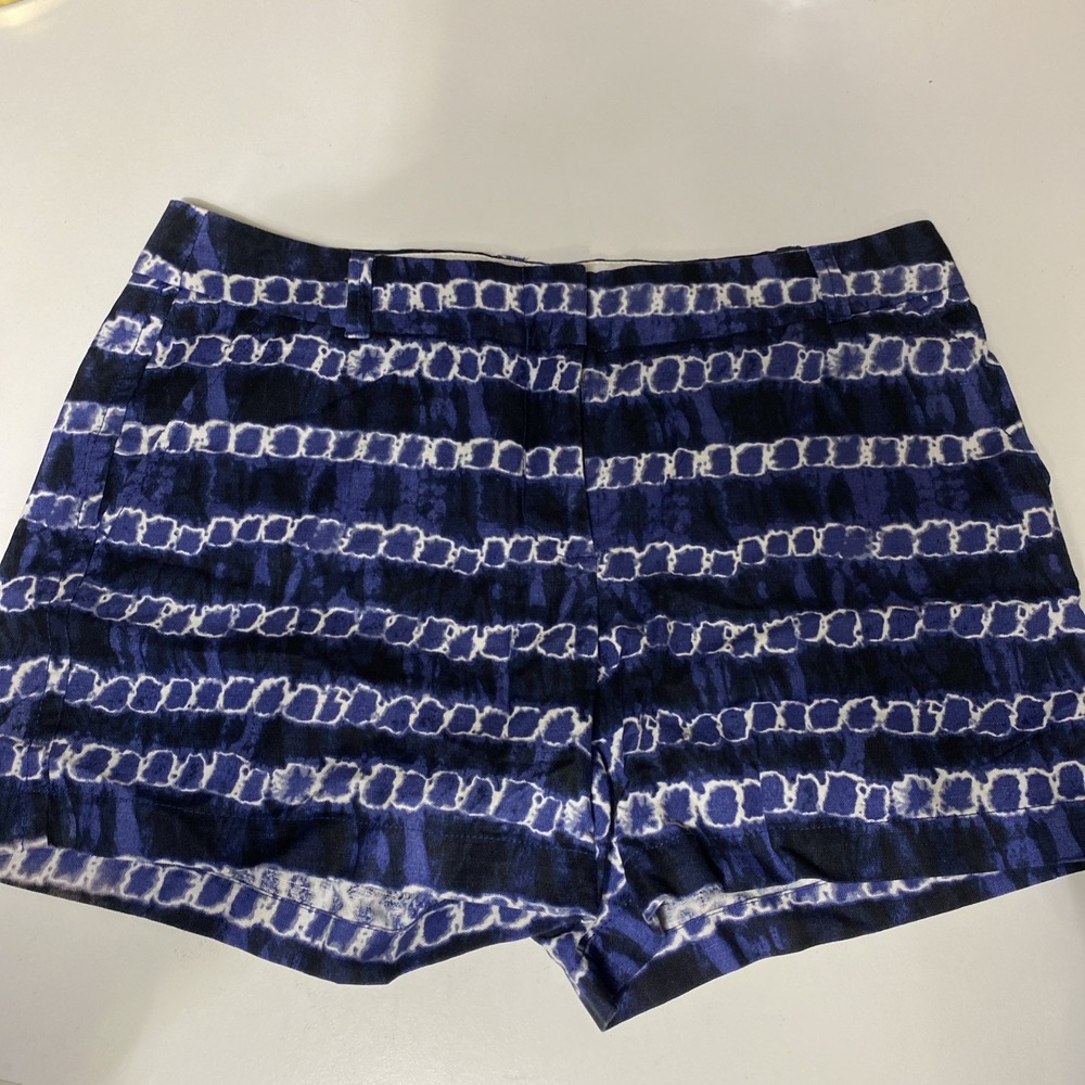 Linen Blend Blue Tie Dye Shibori Striped Shorts Women Size 14 C6149
